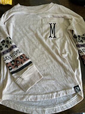 Girls' Pale Pink Long Sleeve Top with Patterned Stripe Sleeves